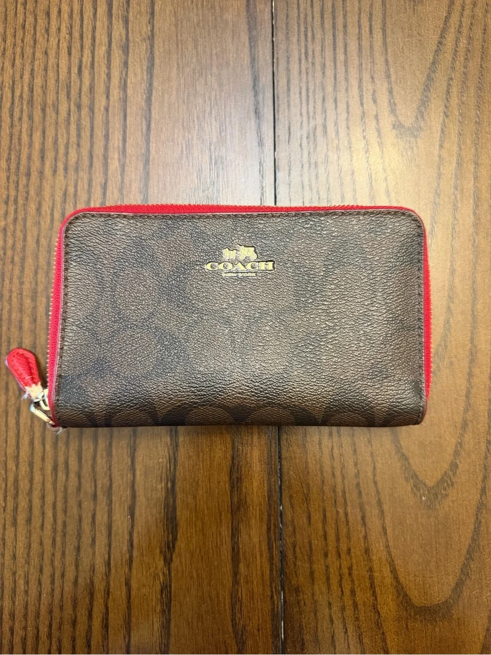 Coach Brown Signature Zip Card Holder with Red Trim